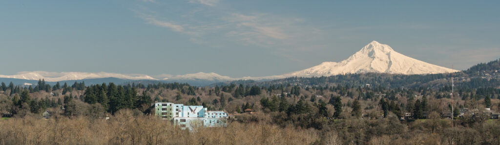 Spring scene Willamette River waterfront Portland Oregon and the Cascade Range