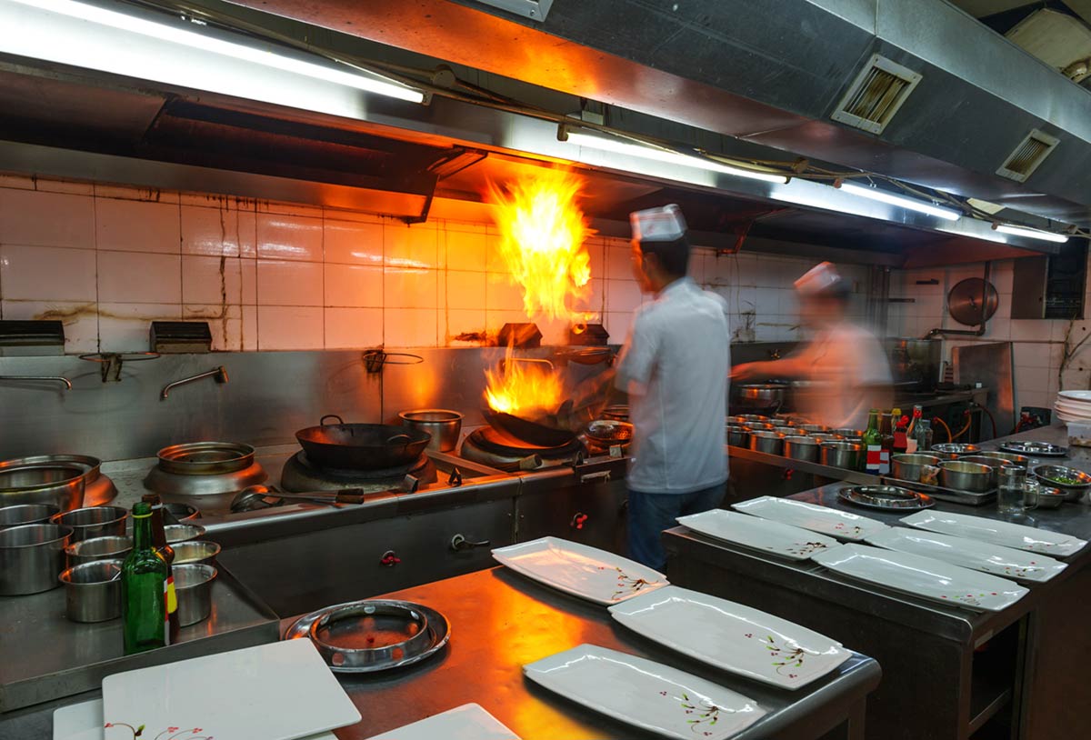 Thai food restaurant kitchen in action